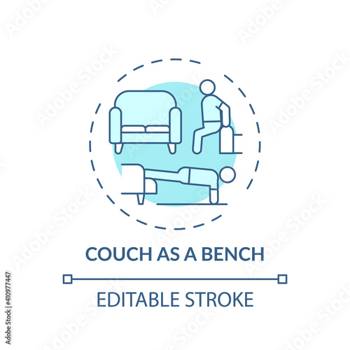 Couch as bench concept icon. Gym alternative idea thin line illustration. Activating triceps in upper arm. Improvement sports performance. Vector isolated outline RGB color drawing. Editable stroke