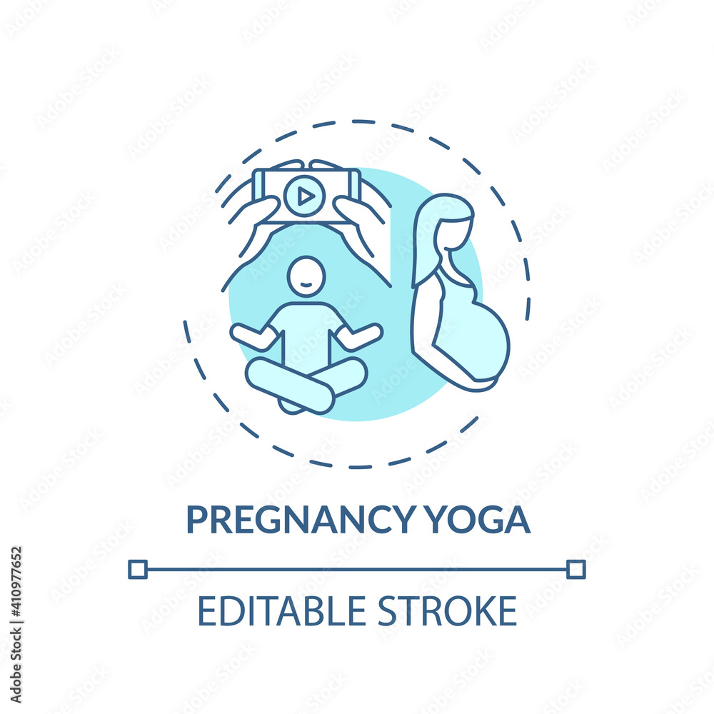 Pregnancy yoga concept icon. Online workout program idea thin line illustration. Muscles strength. Lower back pain reduction. Vector isolated outline RGB color drawing. Editable stroke