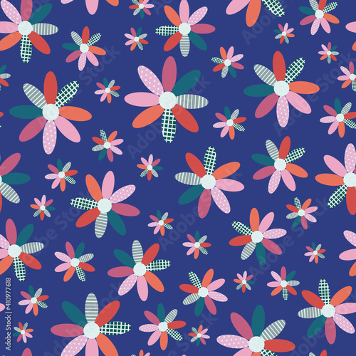 Bright Navy Blue Textured Flower Seamless Pattern