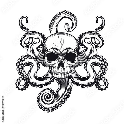 Skull with tentacles tattoo design. Monochrome element with octopus in pirate dead head vector illustration. Sea life concept for symbols and emblems templates