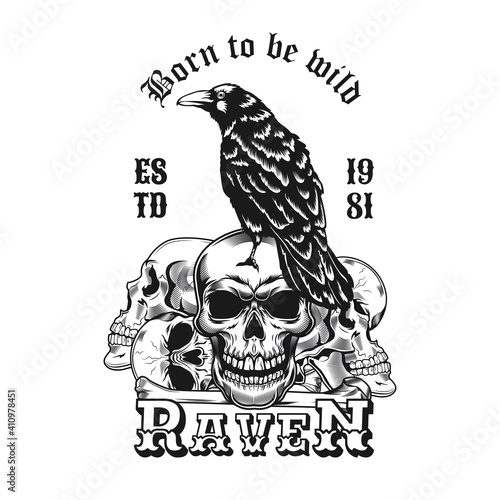Raven label design. Monochrome element with wild crow on heap of skulls vector illustration with text. Horror concept for tattoo studio stamps and emblem templates