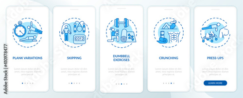 At-home workouts onboarding mobile app page screen with concepts. Plank, skipping, crunching walkthrough 5 steps graphic instructions. UI vector template with RGB color illustrations