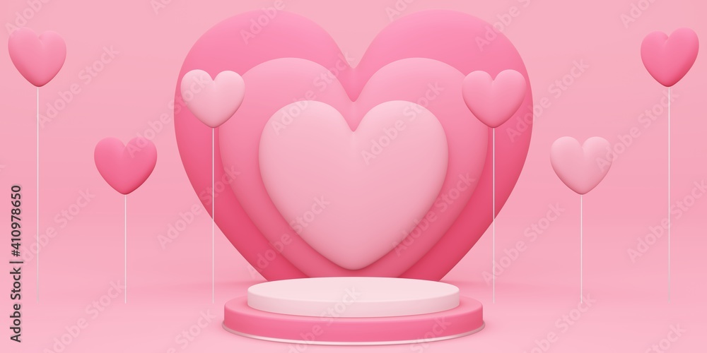 Valentine's day, 3D illustration of round podium or pedestal with red empty studio room, product background with heart overlap behind and heart shaped balloon floating, mockup for love concept display