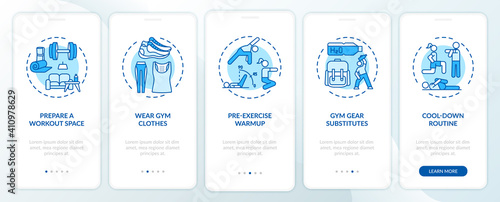At-home workout advices onboarding mobile app page screen with concepts. Fitness place, gym clothes, warmup walkthrough 5 steps graphic instructions. UI vector template with RGB color illustrations