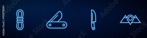 Set line Knife, Climber rope, Swiss army knife and Location mountains. Glowing neon icon on brick wall. Vector.
