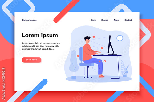 Man sitting at desk in correct position flat vector illustration. Cartoon guy working in right posture for healthy back and keeping distance between computer and eyes. Ergonomic office work concept