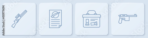 Set line Hunting gun, Military ammunition box, Firearms license certificate and Mauser. White square button. Vector.