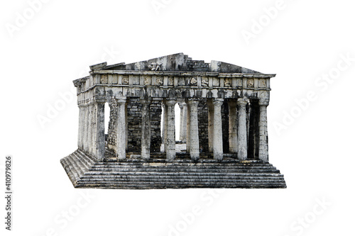 The ancient temple is a building of ancient Greek architecture. Temple or building ruins. Broken Classic Ancient Building isolated on white background with clipping path. 