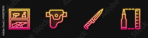 Set line Military knife, Hunting shop weapon, Gun holster and Bullet. Glowing neon icon. Vector.