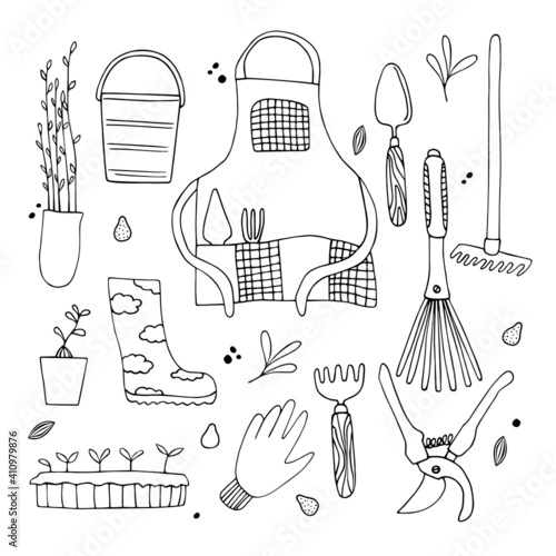 A set of different items for working in the garden. Gardener's apron, seedlings, gloves, gardening tools. Vector clipart. Spring time. Hand-drawn in doodle style