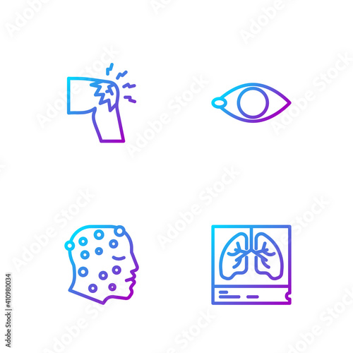 Set line Lungs x-ray, Psoriasis or eczema rash, Joint pain, knee pain and Blindness. Gradient color icons. Vector.