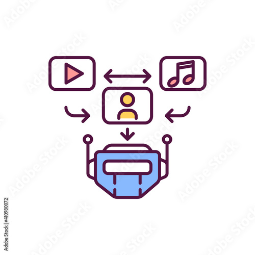 Media recommendation from AI assistant RGB color icon. Digital transformation. Smart virtual assistance. Artificial intelligence recommend song and movie. Isolated vector illustration