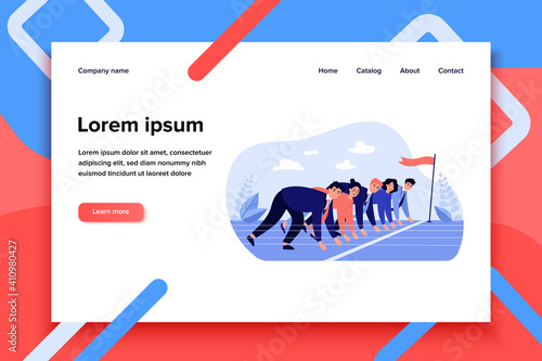 Office employees at start line of racing track. Business professionals ready to run sprint. Vector illustration for career competition, office competitors, rivalry concept