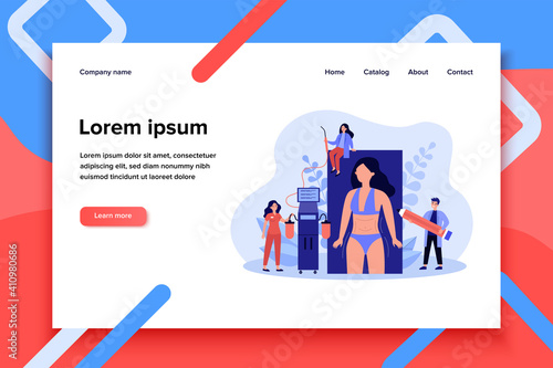 Liposuction procedure flat illustration. Team of doctors and female patient with dotted marks on body and belly. Vector illustration for weight reduction, surgery, beauty concepts