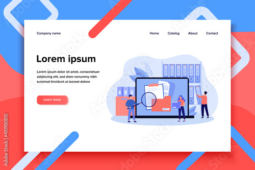 People taking documents from shelves, using magnifying glass and searching files in electronic database. Vector illustration for archive, information storage concept