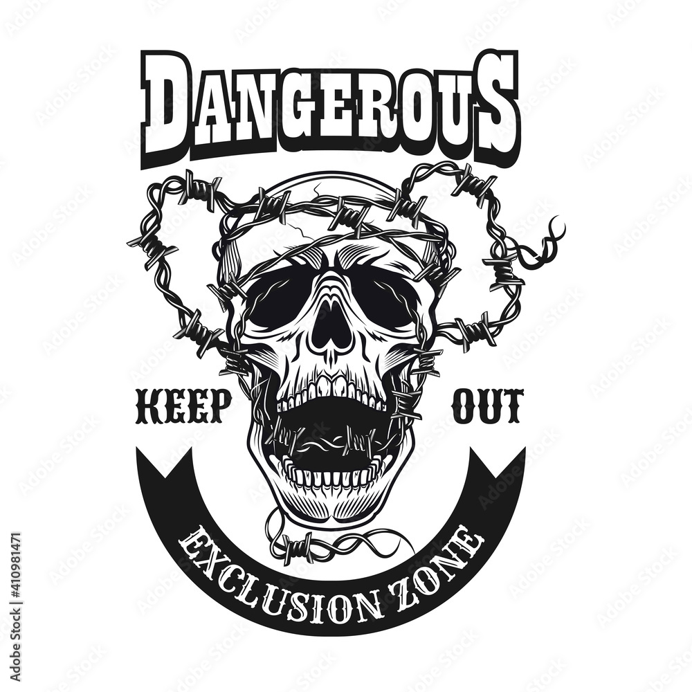 Fototapeta premium Execution zone symbol design. Monochrome element with skull and barbed wire vector illustration with text. Keeping distance or defense concept for emblems and labels templates