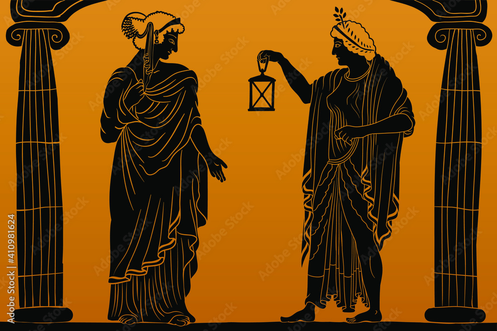 Fototapeta premium Two ancient greek young women with a laurel wreath on his head in a tunic and cape stands between two columns and holds a lantern in his hand.
