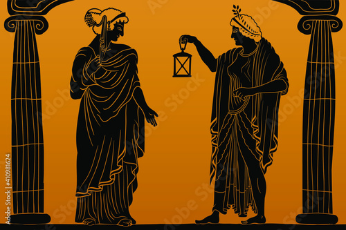 Two ancient greek young women with a laurel wreath on his head in a tunic and cape stands between two columns and holds a lantern in his hand.