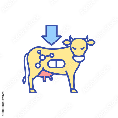 Growth hormones for cattle RGB color icon. Livestock animal. Genetic manipulation. Drugs for milk cows. Dairy industry. Cheese production. Agriculture manufacture. Isolated vector illustration