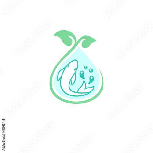 vector illustration fish and leaves, logo for aquaponics.
