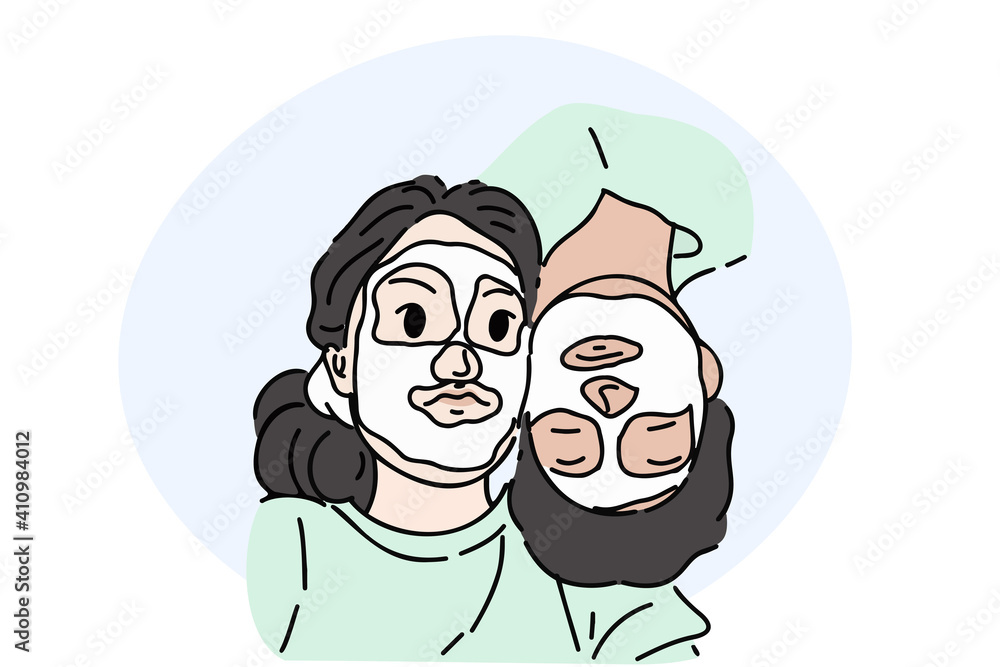 Fototapeta Ilustracja wektorowa proste opisane ręcznie rysowane para nosić arkusz maski razem. Młode pary spędzają razem relaksujący czas, dbając o skórę twarzy