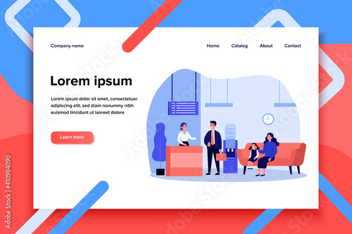 People waiting their turn at check-in counter. Hall with reception, electronic display, cooler flat vector illustration. Hotel, hospital hall concept for banner, website design or landing web page