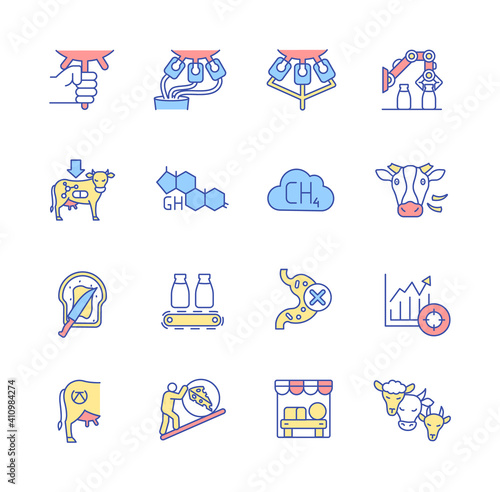 Dairy industry and cheese production RGB color icons set. Hand milking, manure and machinery process. Cattle, livestock animals. Industrial manufacture. Farming business. Isolated vector illustrations