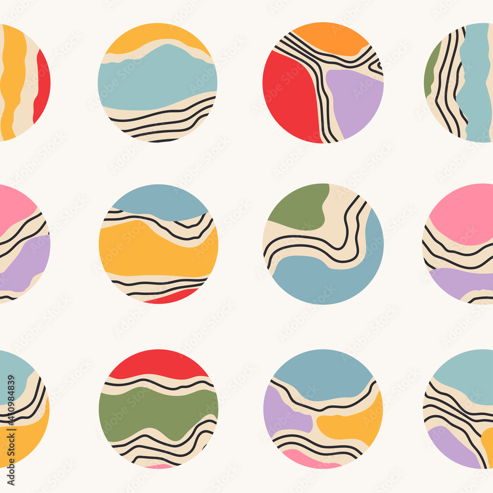 Set of various Vector Hand drawn Round icons. Abstract colorful background. Various shapes, lines, curves, doodles. Square seamless Pattern