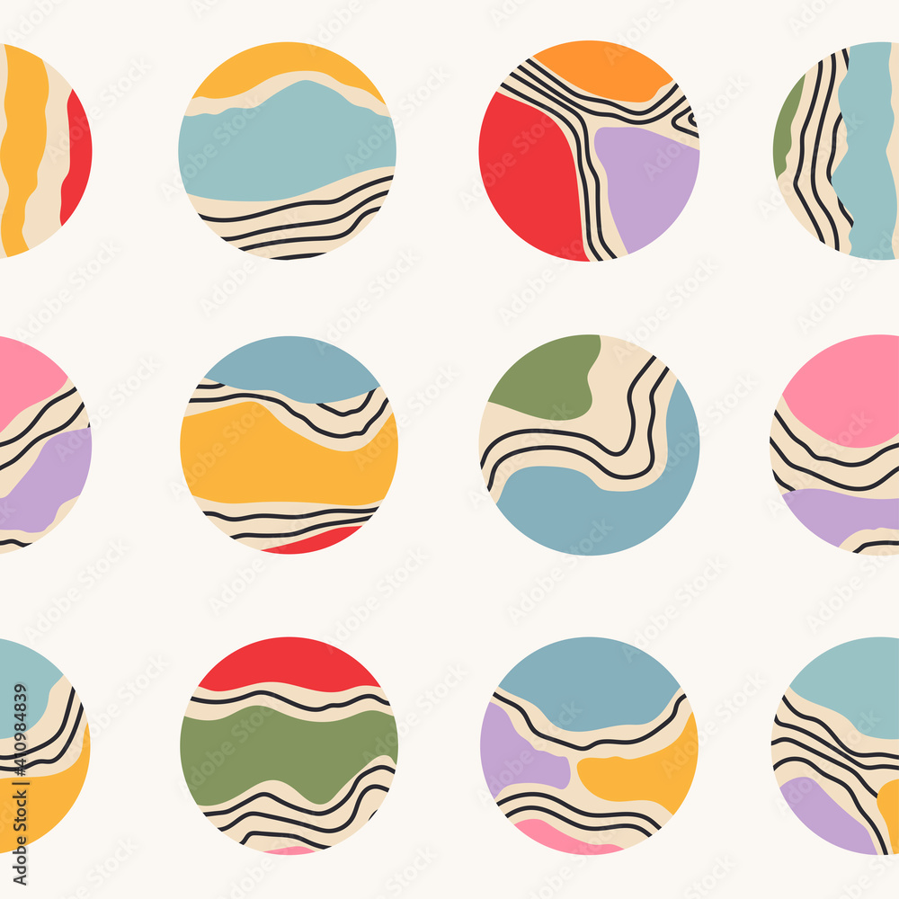 Naklejka premium Set of various Vector Hand drawn Round icons. Abstract colorful background. Various shapes, lines, curves, doodles. Square seamless Pattern