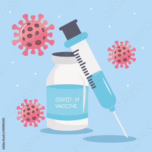 covid19 virus vaccine vial with syringe and particles vector illustration design