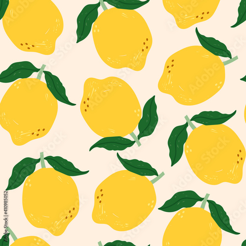 Juicy yellow Lemons, green leaves. Fresh tasty fruits. Hand drawn colored Vector illustration. Square seamless Pattern. Background, wallpaper. Perfect for textile prints or wrapping paper
