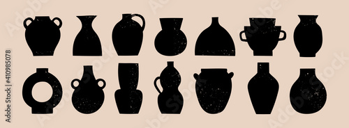 Various ceramic Vases. Different shapes. Black silhouettes. Antique, ancient ceramics. Pottery concept. Stamp texture. Hand drawn Vector set. Trendy illustration. All elements are isolated
