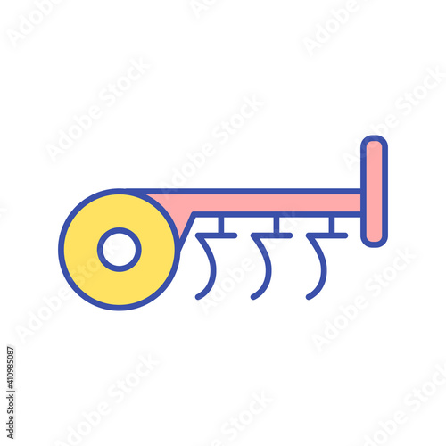 Soil tiling RGB color icon. Machinery for plowing land. Horticulture and agriculture equipment. Cultivating land for crops. Gathering harvest. Farming combine. Isolated vector illustration
