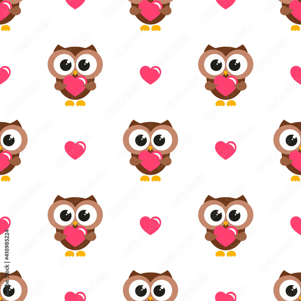 Seamless pattern with brown owls and hearts Seamless pattern with brown owls and hearts
