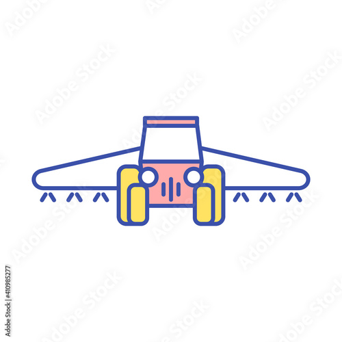 Machinery for irrigating land RGB color icon. Soil watering. Agriculture technology. Ranch landscape. Agrotechnology for harvest cultivation. Produce crops. Isolated vector illustration