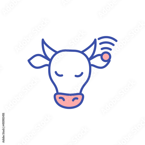 Cow with animal monitoring chip RGB color icon. Identification from radio frequency. Cattle control. Livestock check. Farming industry. Agricultural technology. Isolated vector illustration