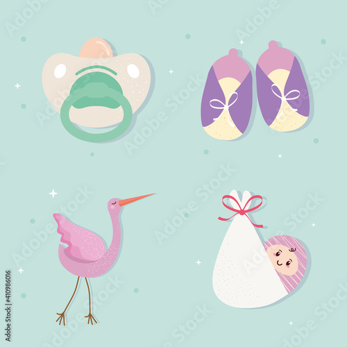bundle of four baby shower celebration set icons vector illustration design