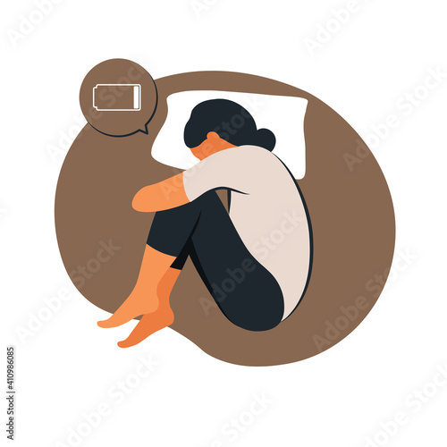 Woman suffers from insomnia stress. She lies in bed and thinks. Concept illustration of depression, insomnia, frustration, loneliness, problems. Flat vector.