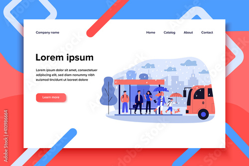 People waiting for bus at bus stop in rainy day. City, vehicle, road, rain flat vector illustration. Public transport and weather concept for banner, website design or landing web page