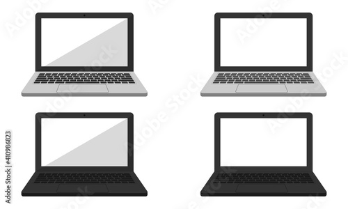 four laptops in two colors, two laptops with transparent screens and two with white, vector image