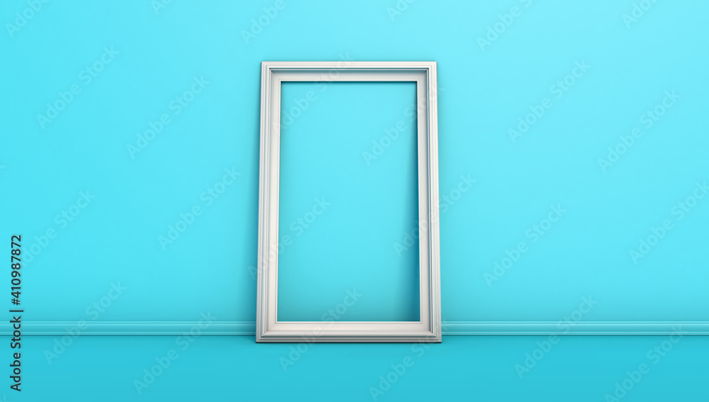White rectangular picture frame on floor lean against pastel blue wall. 3d illustration White rectangular picture frame on floor lean against pastel blue wall. 3d illustration