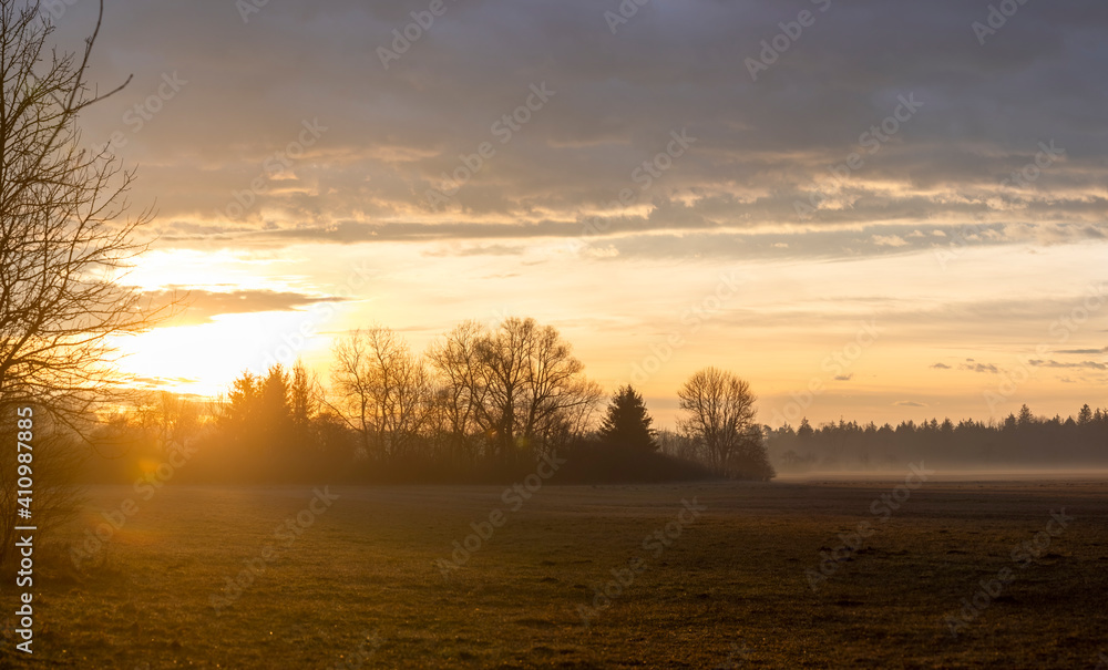 Morning sunrise over the meadows in Siebenbrunn near Augsburg Morning sunrise over the meadows in Siebenbrunn near Augsburg