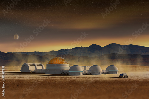 Futuristic base station in a space desert landscape  3d illustration. Martian or extraterrestrial human colony and research habitat.