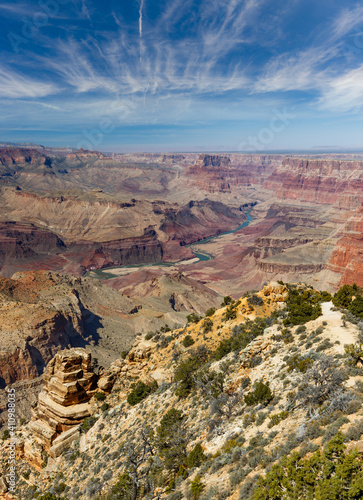 Grand Canyon National Park in US under a blue sky. Vertrical shot.
