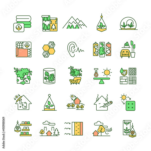 Biophilia RGB color icons set. Cotton material. Forest wallpaper. Mountains with woods. Green home. Interior design decoration, terrarium and plants. Solar energy. Isolated vector illustrations