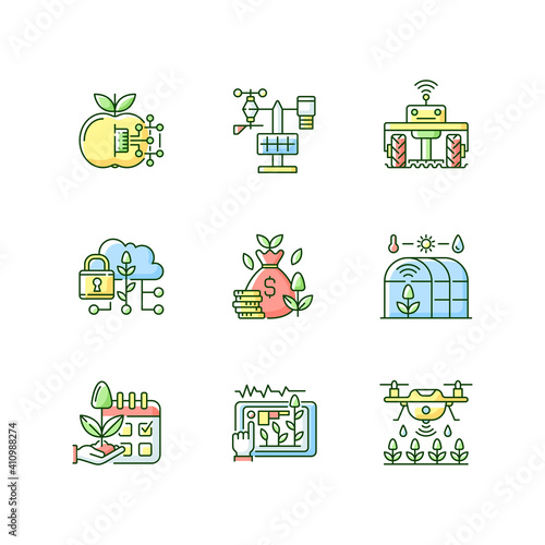 Smart farming RGB color icons set. Internet of food. Maximum productivity. Agricultural industry management. Isolated vector illustrations