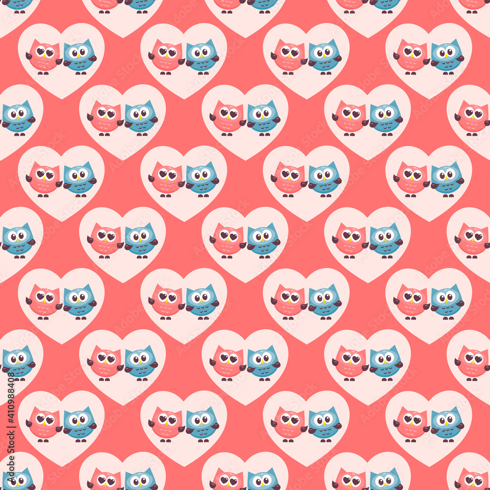 Seamless pattern with funny owls in hearts