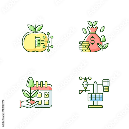 Estimating planting time RGB color icons set. IOT agriculture. Smart farming. Cost efficiency. Silhouette symbols. Weather station. Vector isolated illustration