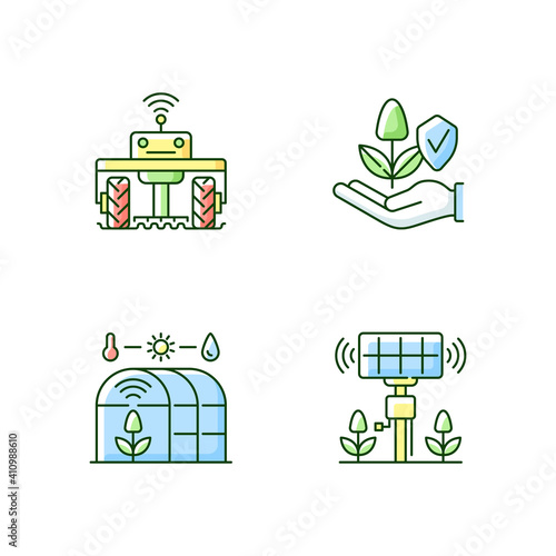Smart agriculture RGB color icons set. Robotics in farm. Digital greenhouse. Innovation technology. Agronomy engineering. Isolated vector illustrations