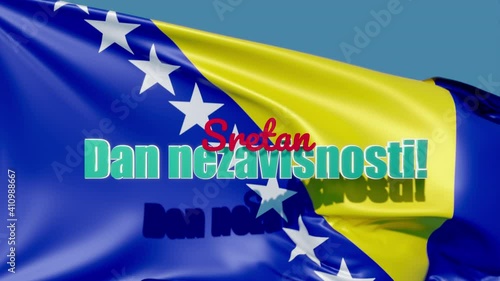 Greetings on Independence Day of Bosnia and Herzegovina in Bosnian language and national flag in background. 3D rendered. photo